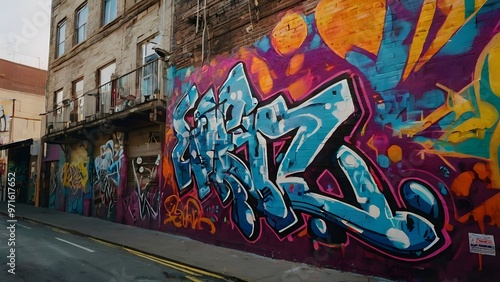 A detailed depiction of a graffiti mural, featuring abstract shapes, vibrant colors, and intricate patterns. The mural covers a large section of a brick wall