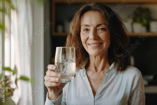 Happy healthy woman of middle age holding glass of water standing at home. Mature 50 years old lady enjoying drinking pure mineral clear water for body hydration. Morning daily hydrating treatment.