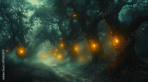 A spooky forest path with gnarled trees, glowing eyes in the darkness, and mist swirling around. photo