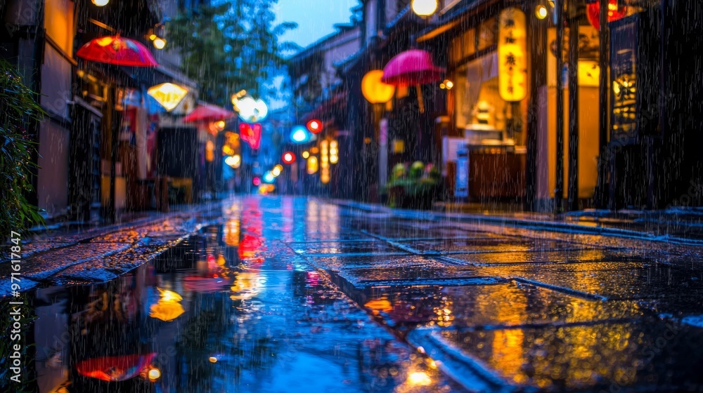 Obraz premium Rainy Night Street in Japan with Reflections of Lights