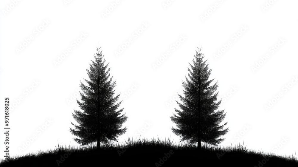 Obraz premium Two coniferous spruce fir trees stand tall on a hill, their silhouettes against a white background symbolizing nature, peace, strength, growth, and resilience.