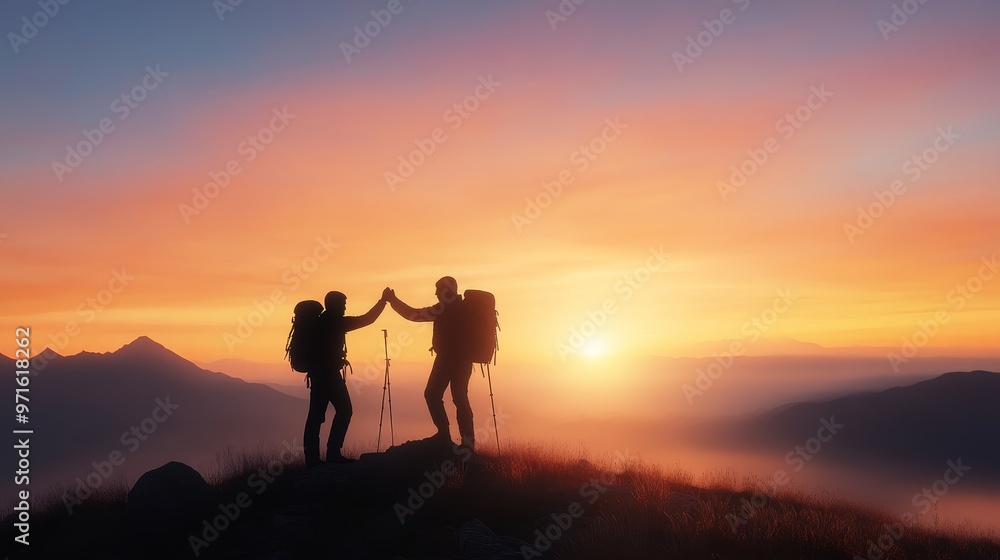 Two hikers stand silhouetted against a breathtaking sunrise, high atop a mountain, celebrating their accomplishment and enjoying the panoramic view. The image evokes a sense of teamwork, perseverance Two hikers stand silhouetted against a breathtaking sunrise, high atop a mountain, celebrating their accomplishment and enjoying the panoramic view. The image evokes a sense of teamwork, perseverance