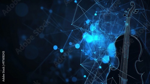 A digital illustration featuring a violin against a blue, abstract background of interconnected lines.