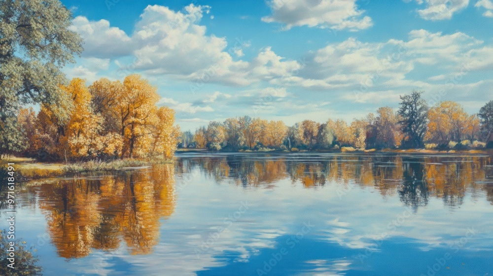 Autumn Trees Reflected in a Tranquil Lake Under a Cloudy Sky Autumn Trees Reflected in a Tranquil Lake Under a Cloudy Sky