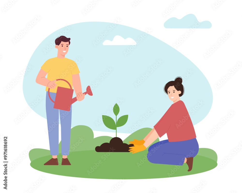 People are working in the garden, planting trees in the soil. Concept of reforestation, nature and ecology. World Environment Day. Earth Day. Vector illustration People are working in the garden, planting trees in the soil. Concept of reforestation, nature and ecology. World Environment Day. Earth Day. Vector illustration