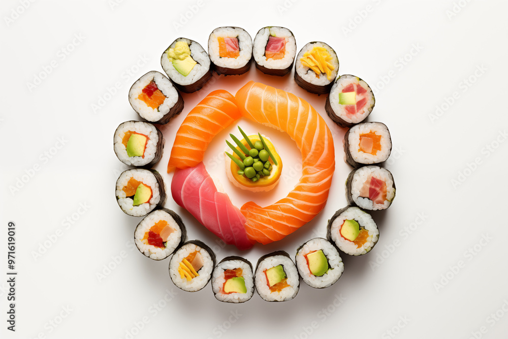 Sushi top view on white background. Sushi themes. Top view. Asian cuisine themes. Asian restaurant. Sushi making. PNG cut out. Image for graphic designer. Image for flyers. Sushi top view on white background. Sushi themes. Top view. Asian cuisine themes. Asian restaurant. Sushi making. PNG cut out. Image for graphic designer. Image for flyers.