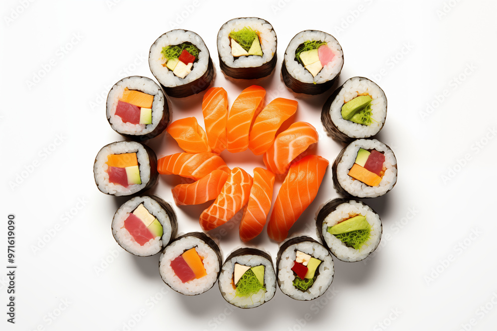 Sushi top view on white background. Sushi themes. Top view. Asian cuisine themes. Asian restaurant. Sushi making. PNG cut out. Image for graphic designer. Image for flyers. Sushi top view on white background. Sushi themes. Top view. Asian cuisine themes. Asian restaurant. Sushi making. PNG cut out. Image for graphic designer. Image for flyers.