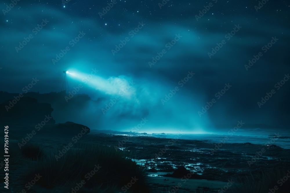 Naklejka premium Powerful searchlight illuminating the night sky, symbolizing discovery focus amidst darkness.