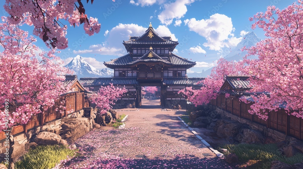Fototapeta premium Japanese Garden Gate with Cherry Blossoms and Mountain View