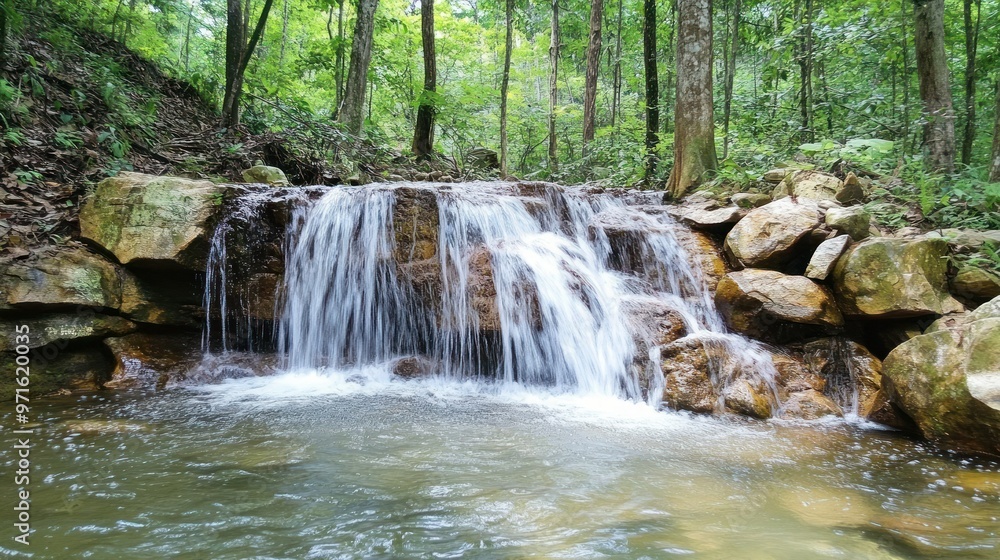 A serene waterfall cascading over rocks in a lush green forest. A serene waterfall cascading over rocks in a lush green forest.