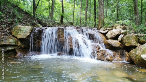 A serene waterfall cascading over rocks in a lush green forest.