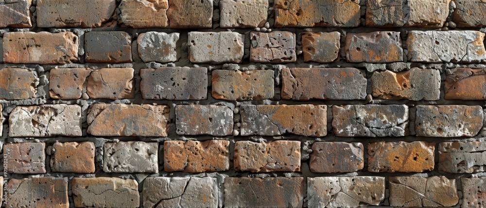 Realistic AI-generated image of an old brick wall pattern, emphasizing its authentic character Realistic AI-generated image of an old brick wall pattern, emphasizing its authentic character
