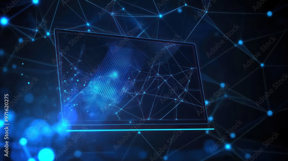 A futuristic laptop design with a network of blue connections and glowing particles. A futuristic laptop design with a network of blue connections and glowing particles.
