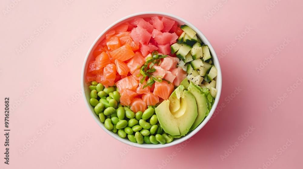 A vibrant poke bowl filled with fresh salmon, avocado, and edamame against a pastel pink background, minimalist and clean A vibrant poke bowl filled with fresh salmon, avocado, and edamame against a pastel pink background, minimalist and clean