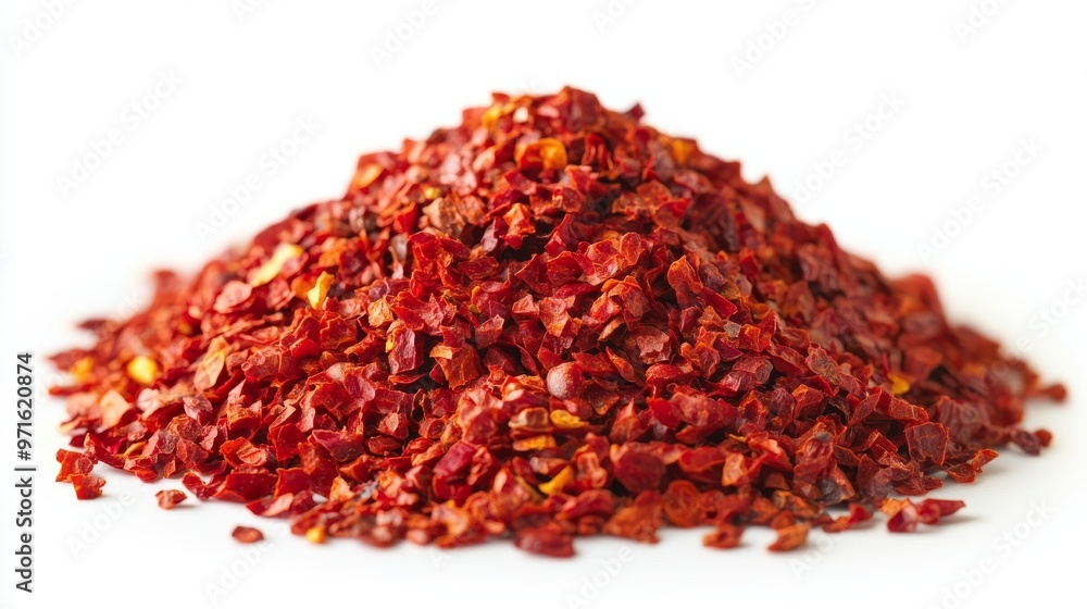 A Vibrant Heap of Crushed Red Chili Flakes on a White Background for Culinary Inspiration A Vibrant Heap of Crushed Red Chili Flakes on a White Background for Culinary Inspiration