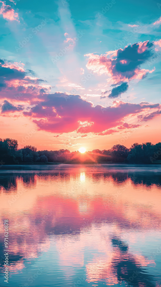 A stunning sunset sky with vibrant clouds reflecting off still water A stunning sunset sky with vibrant clouds reflecting off still water