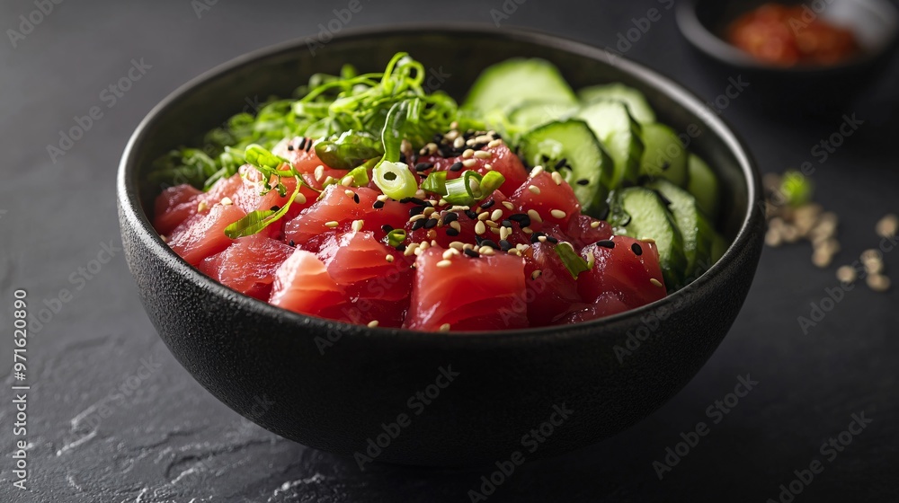 Minimal poke bowl with vibrant red tuna and cucumber slices, set against a matte charcoal black background, focusing on textures Minimal poke bowl with vibrant red tuna and cucumber slices, set against a matte charcoal black background, focusing on textures
