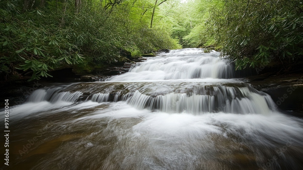 A serene waterfall cascades through lush green foliage, creating a tranquil natural scene. A serene waterfall cascades through lush green foliage, creating a tranquil natural scene.
