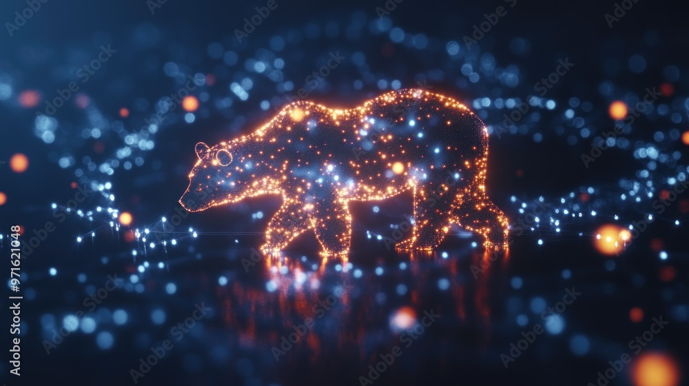 A glowing bear silhouette made of vibrant particles against a dark background. A glowing bear silhouette made of vibrant particles against a dark background.