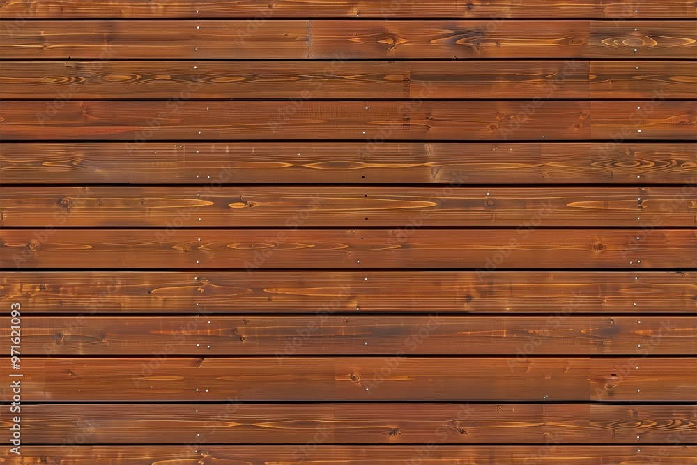 Obraz premium Wooden siding panel wall with horizontal planks, showcasing a rich brown color and natural wood grain patterns.