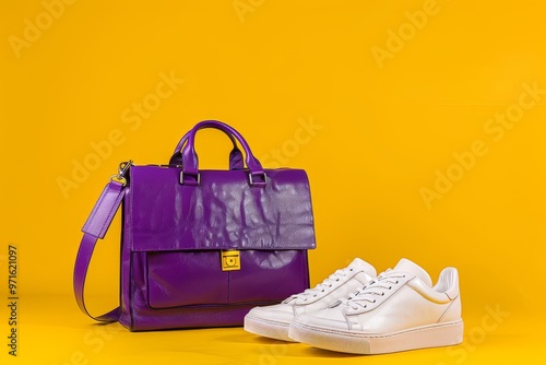 Stylish Purple Handbag and White Sneakers Set Against a Vibrant Yellow Backdrop During Daylight