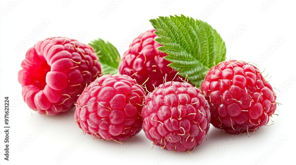 Fresh and Juicy Raspberries Placed on a Clean White Background With Vibrant Green Leaves Fresh and Juicy Raspberries Placed on a Clean White Background With Vibrant Green Leaves