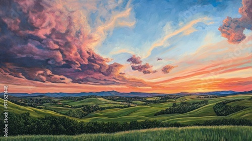 A Sunset Over Rolling Hills With Dramatic Clouds