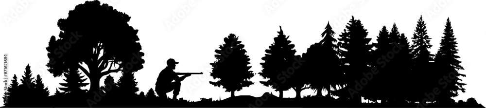 Obraz premium Vektor Silhouette Landschaft und Natur - Jäger im Wald mit Gewehr in der Hocke bei der Pirsch - Bäume, tannen und Büsche 