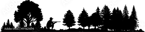 Vektor Silhouette Landschaft und Natur - Jäger im Wald mit Gewehr in der Hocke bei der Pirsch - Bäume, tannen und Büsche 
