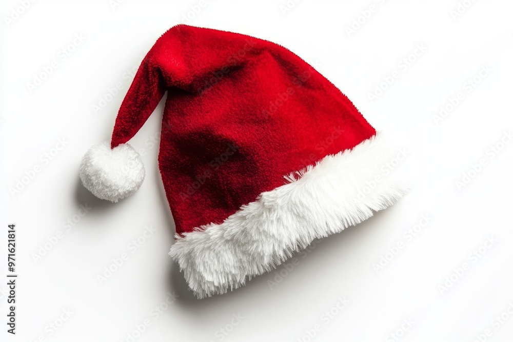 Festive Red Santa Hat With White Trim Placed on a White Background for Holiday Celebrations Festive Red Santa Hat With White Trim Placed on a White Background for Holiday Celebrations