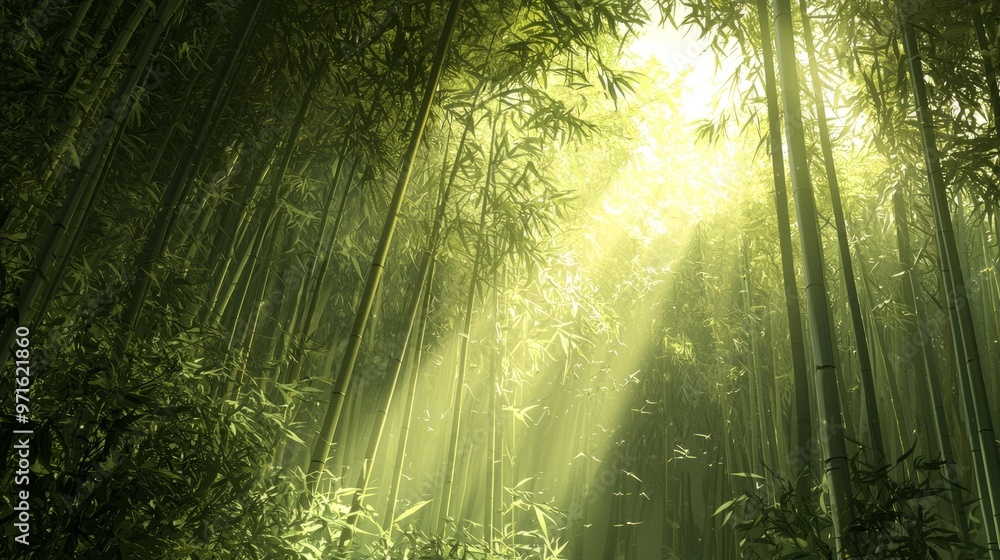 Fototapeta premium Sunbeams Through Lush Green Bamboo Forest