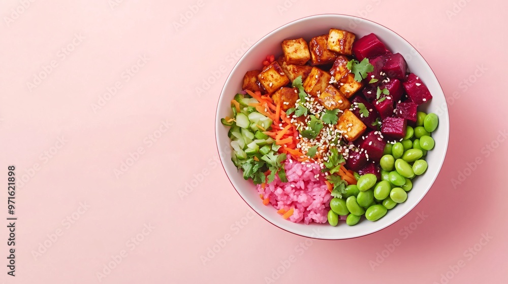 Vegan poke bowl with tofu, beets, and edamame against a soft pink gradient background for a minimalist, fresh look Vegan poke bowl with tofu, beets, and edamame against a soft pink gradient background for a minimalist, fresh look