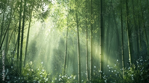 Sunbeams Through Lush Bamboo Forest