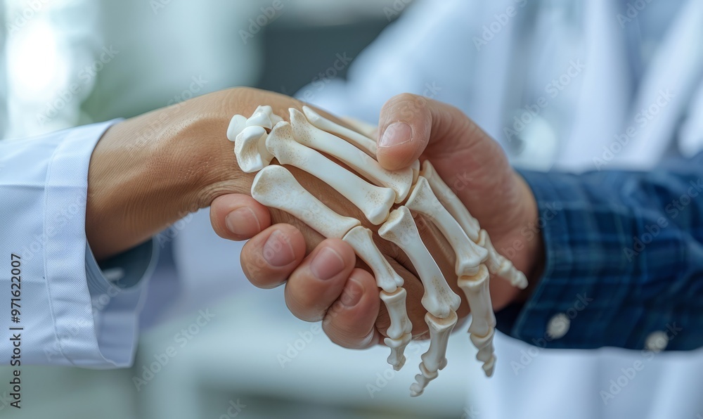 Arthritis symptoms. Doctor examining patient's wrist in hospital, closeup