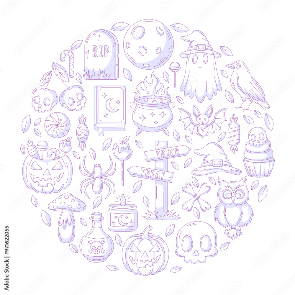 Halloween vector design, round shape geometric composition with spooky, scary icons collection. Holiday october flat purple illustration for greeting card, invitation, print, social media, poster Halloween vector design, round shape geometric composition with spooky, scary icons collection. Holiday october flat purple illustration for greeting card, invitation, print, social media, poster