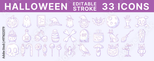 Halloween monochrome purple line icons set, vector illustration, editable stroke, color. October scary, spooky collection. Pumpkin, sweets, ghost, spell book, witch hat, skull and bones, zombie hand