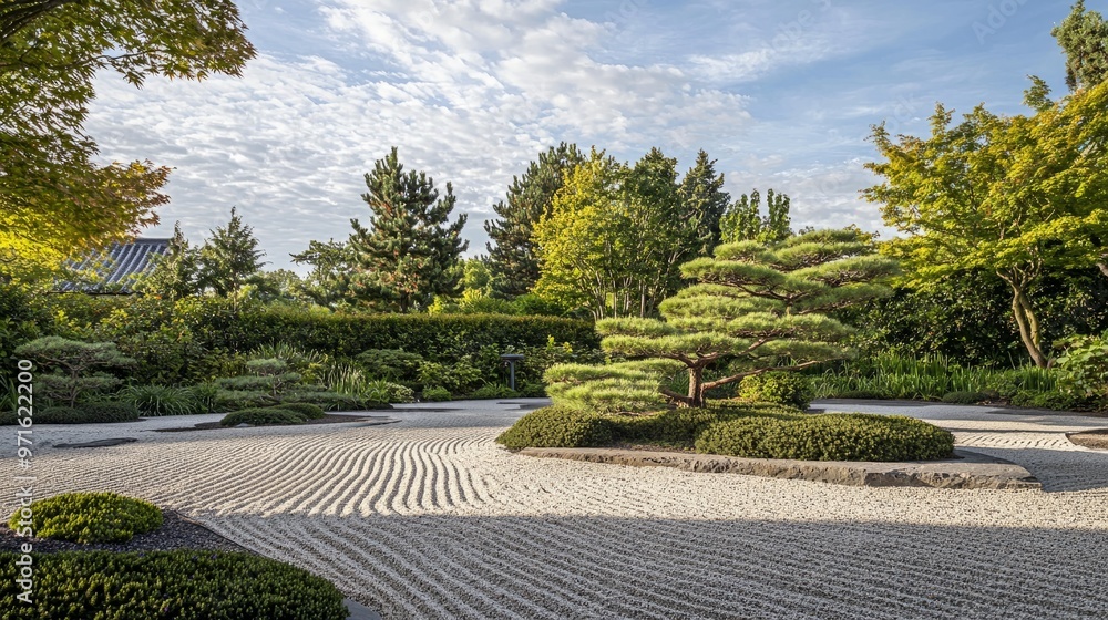 Tranquil Zen Garden with Raked Gravel and Bonsai Tree Tranquil Zen Garden with Raked Gravel and Bonsai Tree