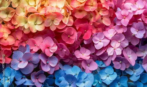 Beautiful colorful hydrangea flowers as background, top view