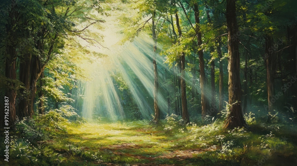 Fototapeta premium Sunbeams Shining Through Trees in a Forest