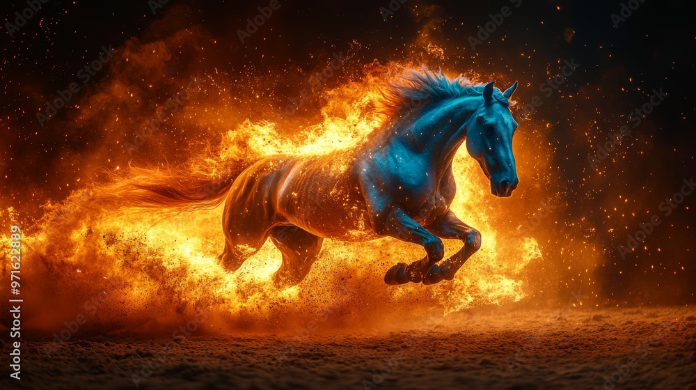 A mythical white horse surrounded by flames and small fires in a dark setting.
A mythical white horse surrounded by flames and small fires in a dark setting.