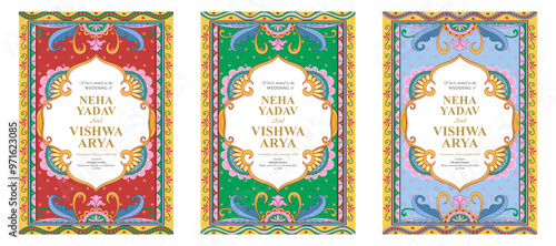 Set of colorful indian wedding invitation, indian, hindu culture, wedding, cheerful and traditional templates, product label package postcards, decorative party invitation, ceremonies, puja, and more