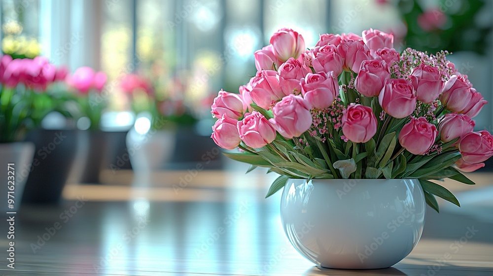 A vase filled with pink flowers sits atop a wooden table alongside potted plants, in front of a window A vase filled with pink flowers sits atop a wooden table alongside potted plants, in front of a window