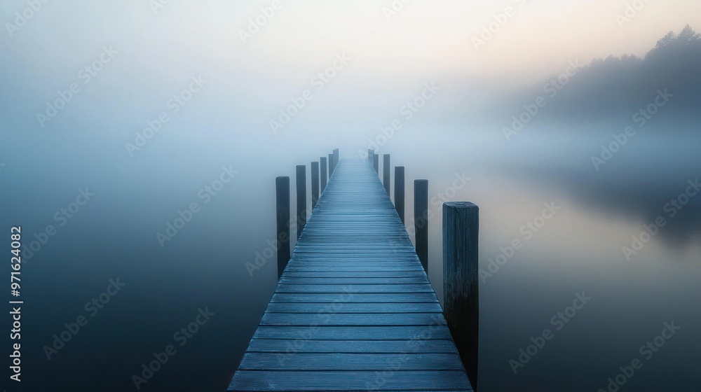 A serene wooden pier extends into a foggy lake, creating a tranquil atmosphere. A serene wooden pier extends into a foggy lake, creating a tranquil atmosphere.