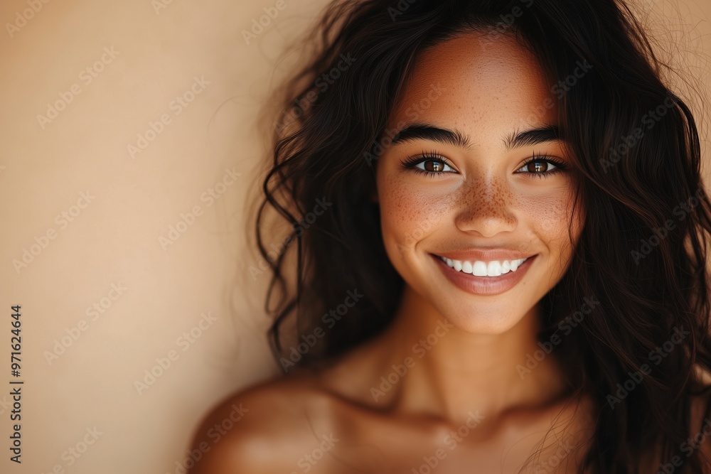 A vibrant portrait of a young woman with dark curly hair and freckles, smiling brightly in soft natural light. A vibrant portrait of a young woman with dark curly hair and freckles, smiling brightly in soft natural light.