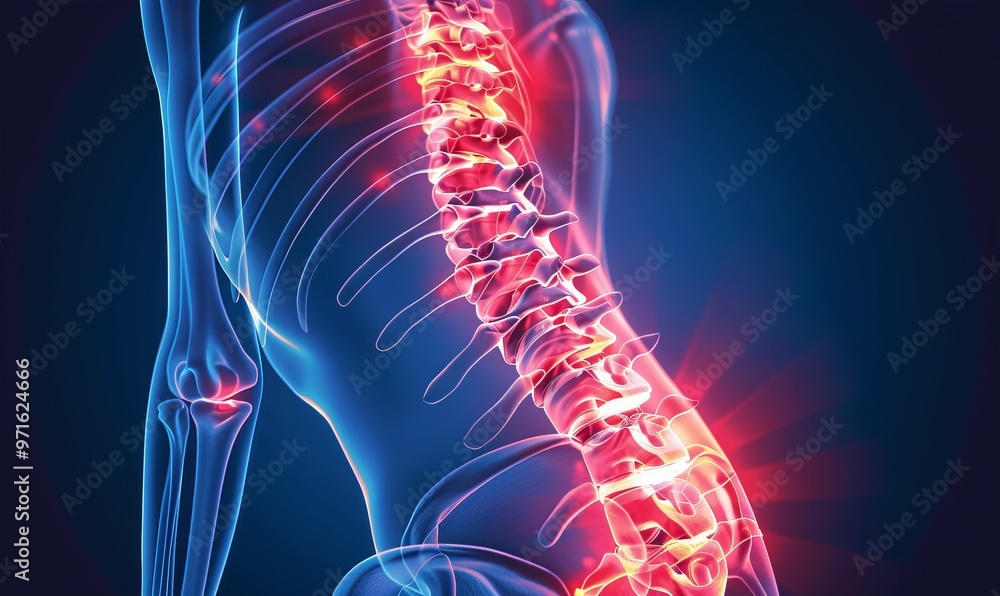back pain, highlighted in red on the spine area, on transparent background back pain, highlighted in red on the spine area, on transparent background