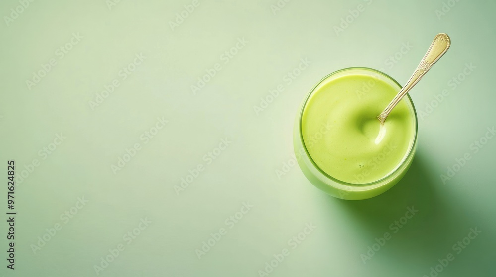 A smooth green dessert in a glass bowl with a spoon, set against a soft green background. A smooth green dessert in a glass bowl with a spoon, set against a soft green background.