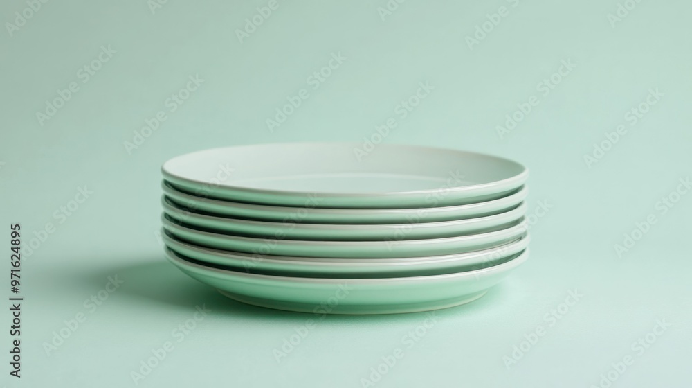 A stack of minimalist, light green plates arranged neatly on a soft green background. A stack of minimalist, light green plates arranged neatly on a soft green background.