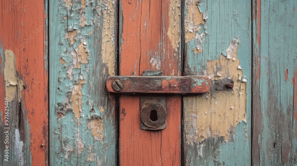 A weathered wooden door with peeling paint and a rusty latch. A weathered wooden door with peeling paint and a rusty latch.