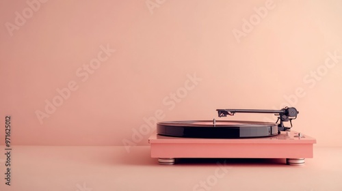 A stylish pink turntable with a vinyl record, set against a soft pink background.