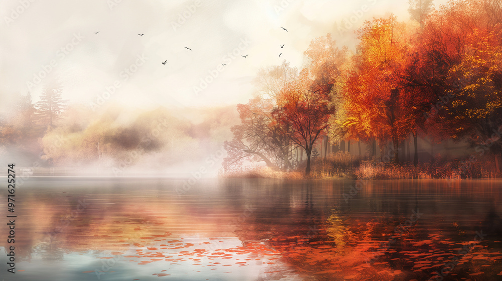 Serene autumn lake landscape with colorful trees reflecting in the still water and misty atmosphere Serene autumn lake landscape with colorful trees reflecting in the still water and misty atmosphere
